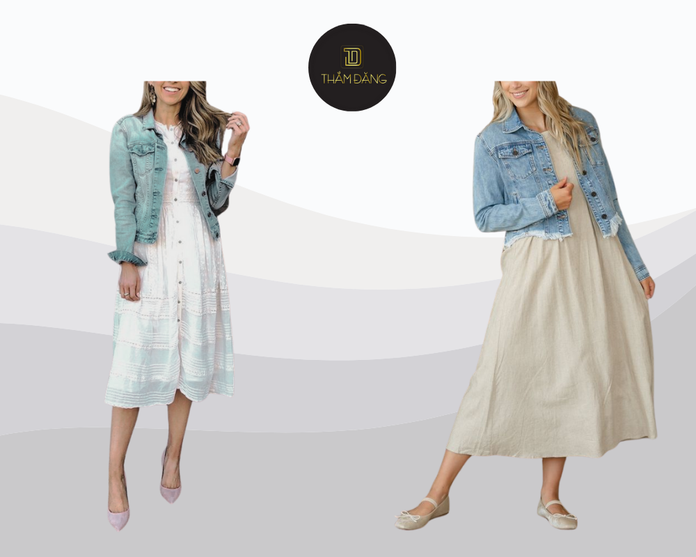 Đầm dài màu ivory phối cùng áo khoác denim tạo nên vẻ ngoài phóng khoáng, trẻ trung và cá tính, hoàn hảo cho những buổi dạo phố cuối tuần hay du lịch mùa xuân-hè.