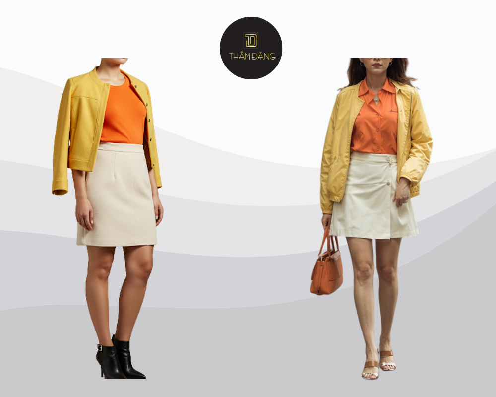Sự kết hợp ba tông màu cam, ivory và vàng tạo nên outfit rực rỡ nhưng tinh tế, mang đến vẻ ngoài tươi sáng và đầy sức sống cho những buổi tiệc hoặc sự kiện mùa hè.