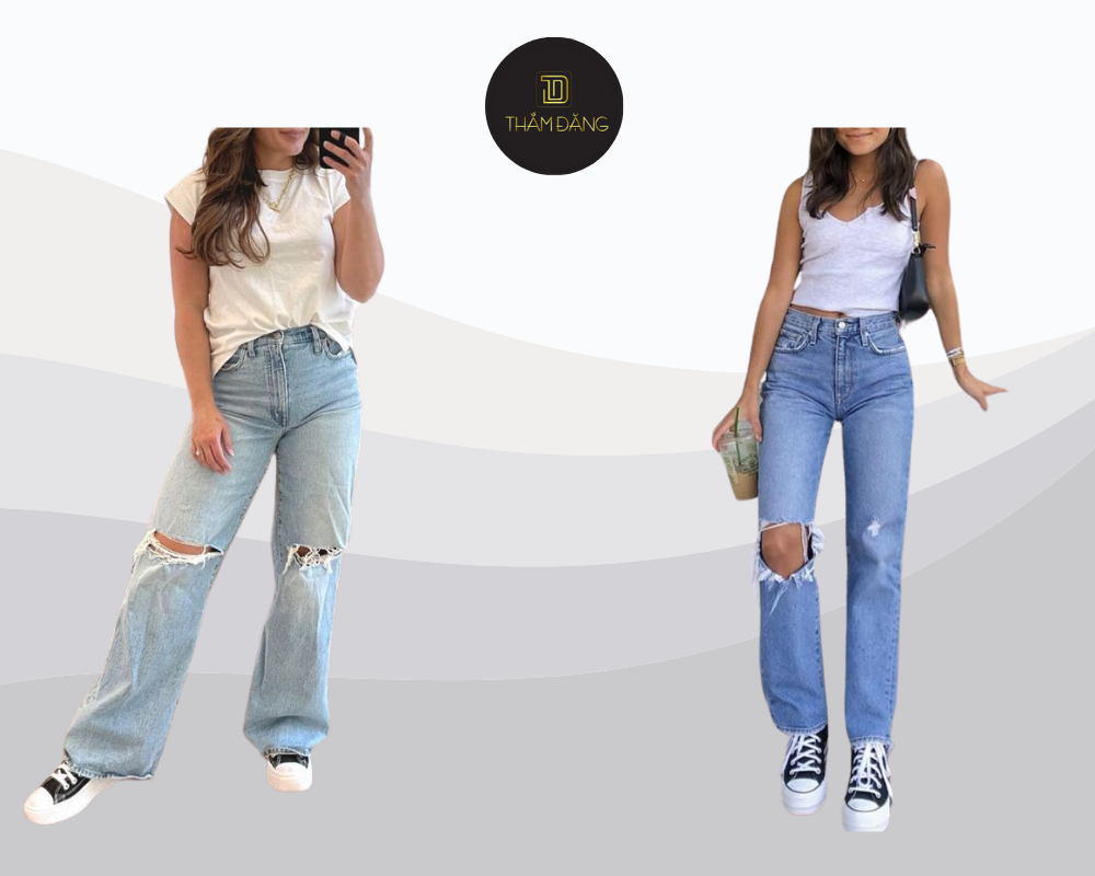 Áo thun ivory phối cùng quần jean rách tạo nên phong cách bụi bặm, cá tính nhưng vẫn thanh lịch, hoàn hảo cho những buổi dạo phố cuối tuần hoặc các sự kiện âm nhạc ngoài trời.
