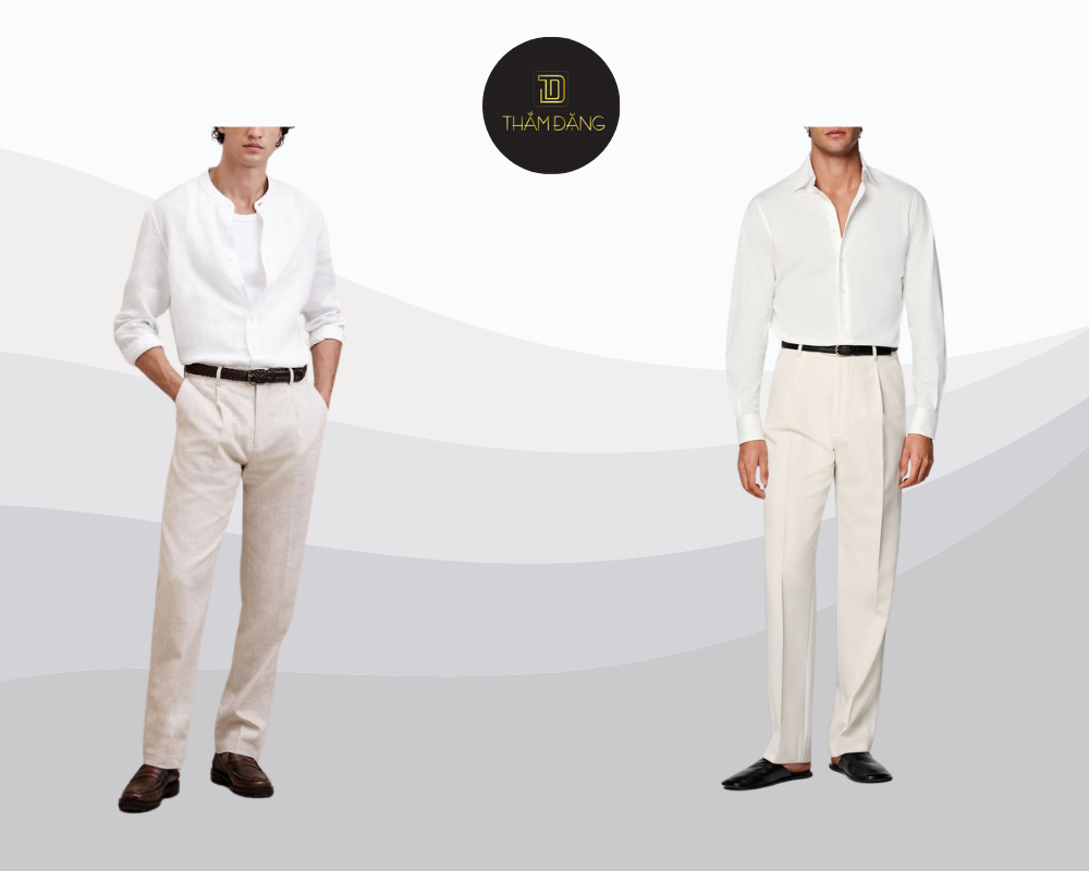 Set đồ áo sơ mi trắng và quần tây ivory mang đến vẻ ngoài thanh lịch, lịch sự và đầy tinh tế cho mọi dịp.