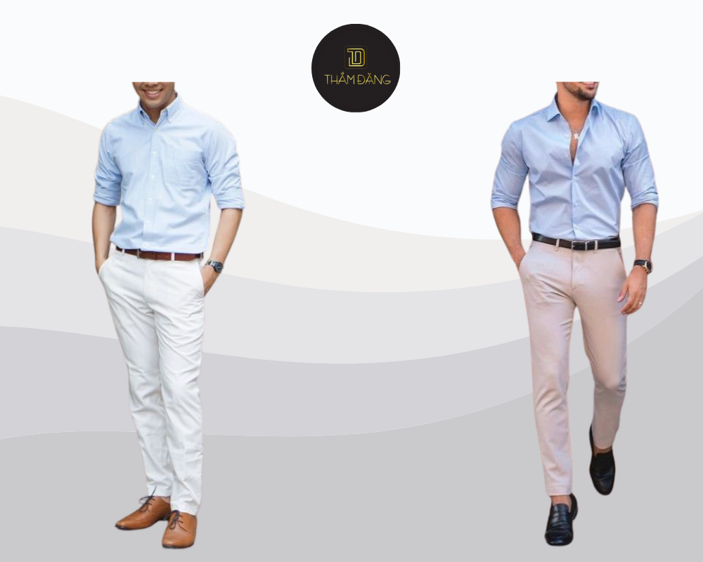 Sự kết hợp giữa áo sơ mi xanh pastel và quần tây ivory mang đến phong cách trẻ trung, lịch sự và đầy sức sống, phù hợp cho công sở hay những sự kiện semi-formal.