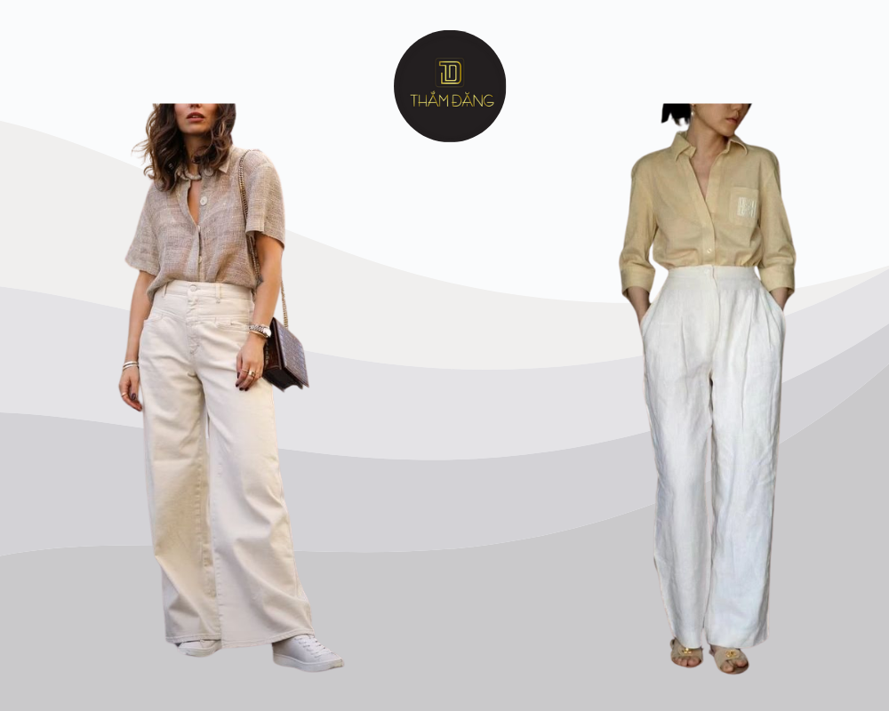 Set đồ màu be và trắng nhẹ nhàng, thanh lịch, phù hợp cho mọi dịp từ dạo phố đến đi làm.