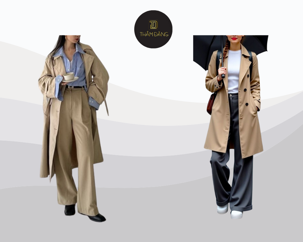 Thanh lịch và cuốn hút với trench coat màu be kết hợp quần tây cho ngày làm việc chuyên nghiệp.