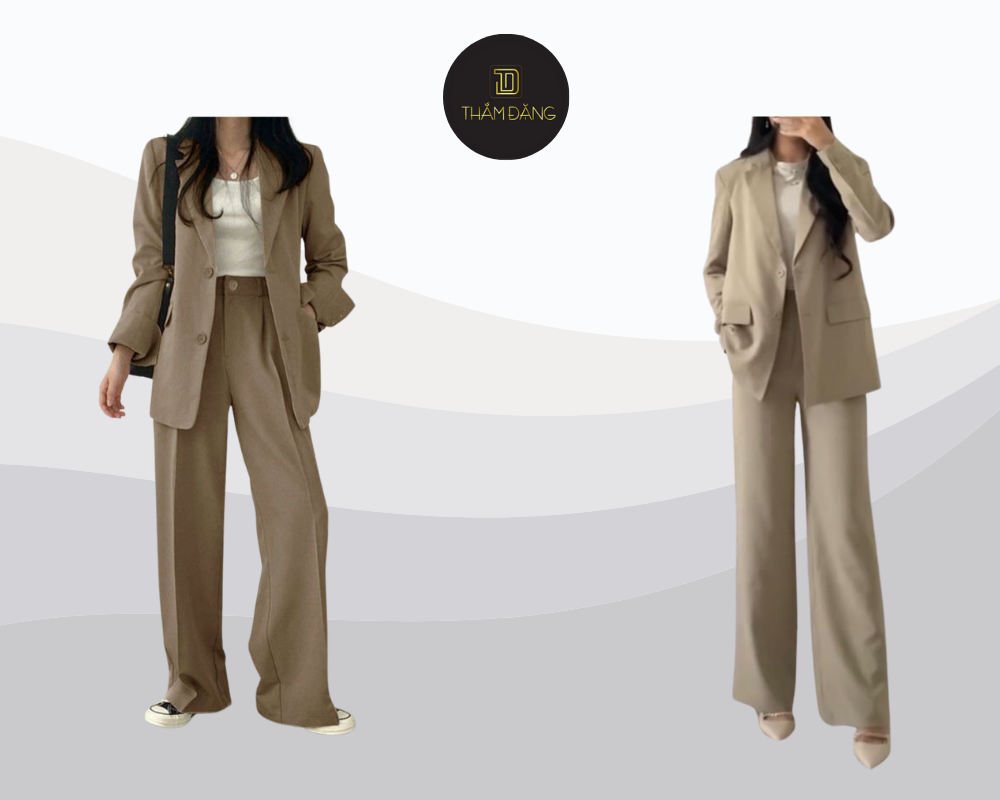 Thanh lịch, quyền lực và hiện đại với set blazer be phối quần ống rộng cho nàng công sở thời thượng.