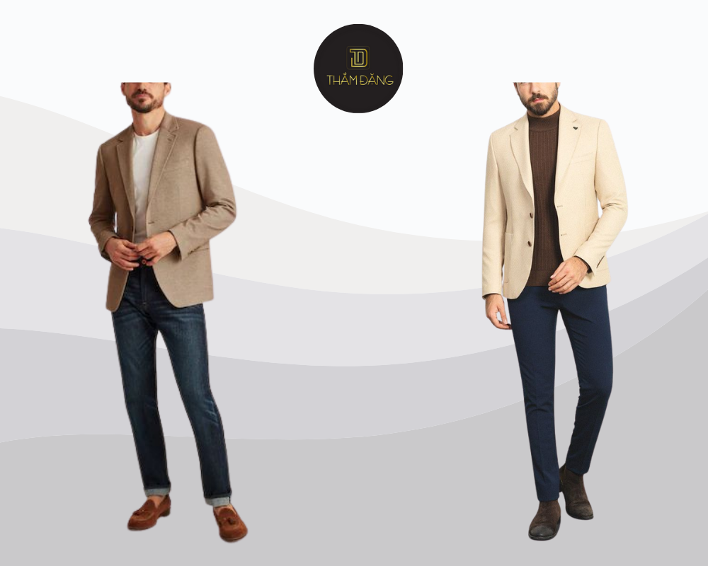 Blazer màu be kết hợp quần jeans tối màu tạo nên phong cách smart-casual tinh tế, sang trọng và đầy cá tính.
