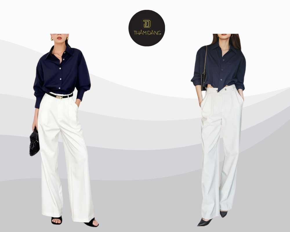 Set đồ áo sơ mi màu chàm và quần tây trắng mang đến vẻ thanh lịch, hiện đại và cân đối cho các dáng người.