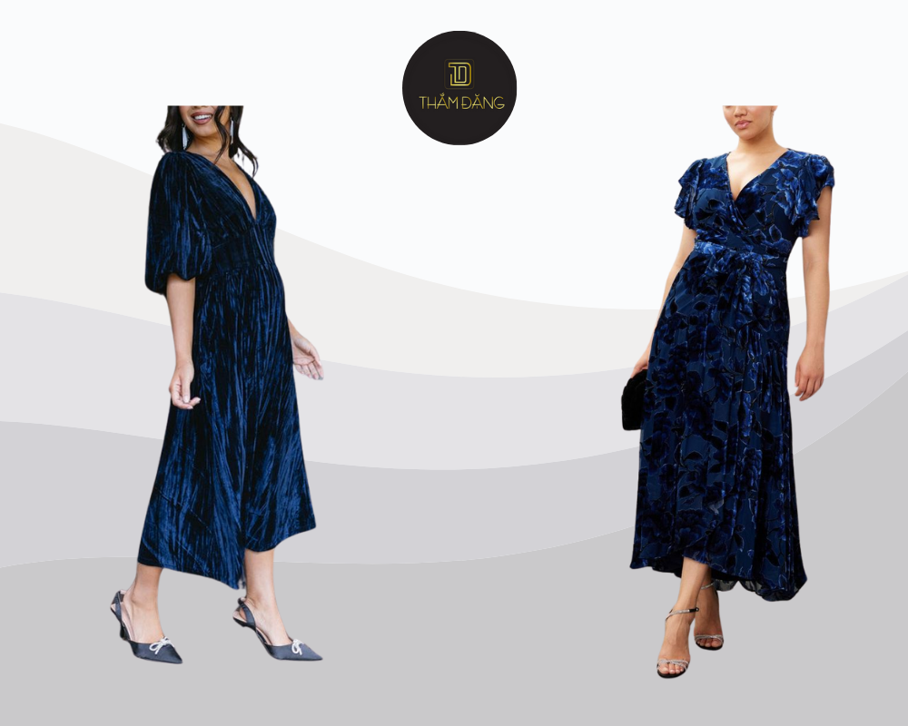 Đầm nhung cổ trễ màu chàm - biểu tượng của sự quyến rũ và sang trọng, tôn vinh vẻ đẹp thanh thoát, đẳng cấp.
