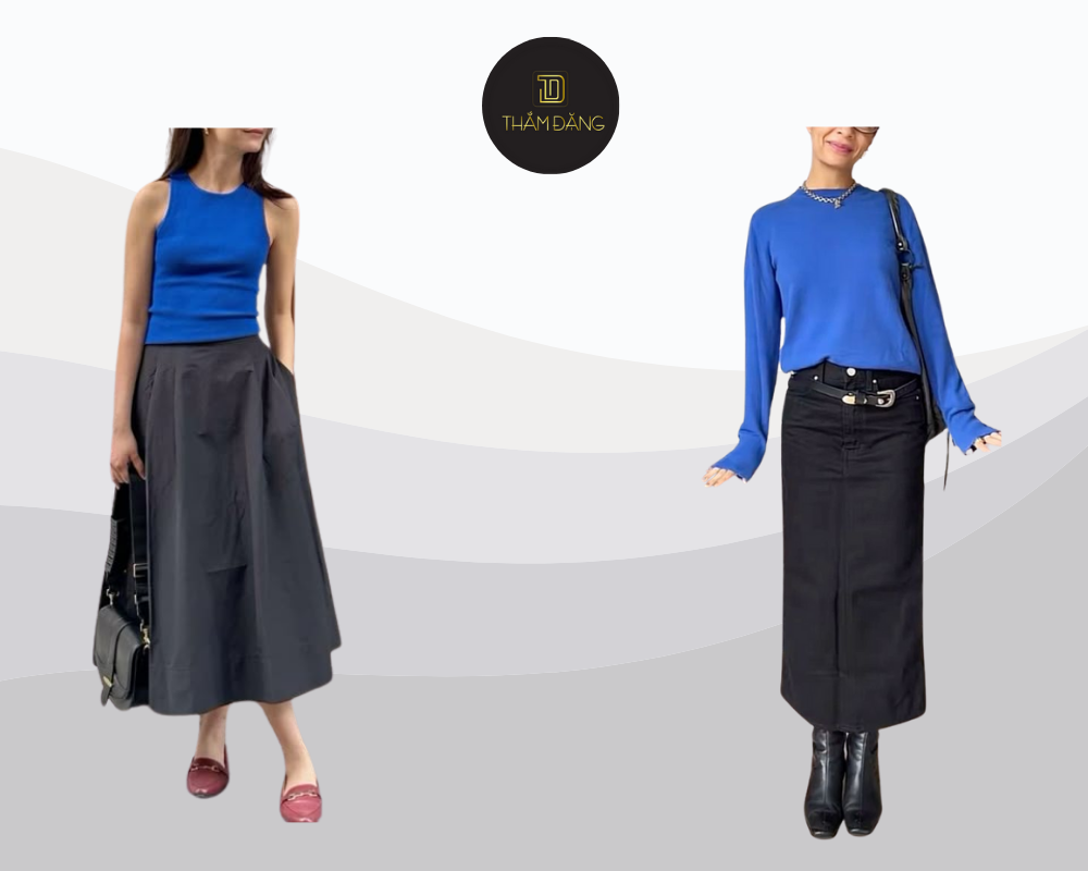 Set đồ kết hợp áo phông chàm và chân váy đen mang đến vẻ ngoài trẻ trung, năng động nhưng vẫn thanh lịch.