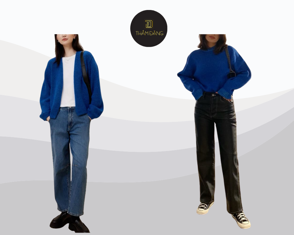 Set đồ ấm áp và phong cách với áo len màu chàm và quần jeans xanh đậm, hoàn hảo cho những ngày se lạnh.