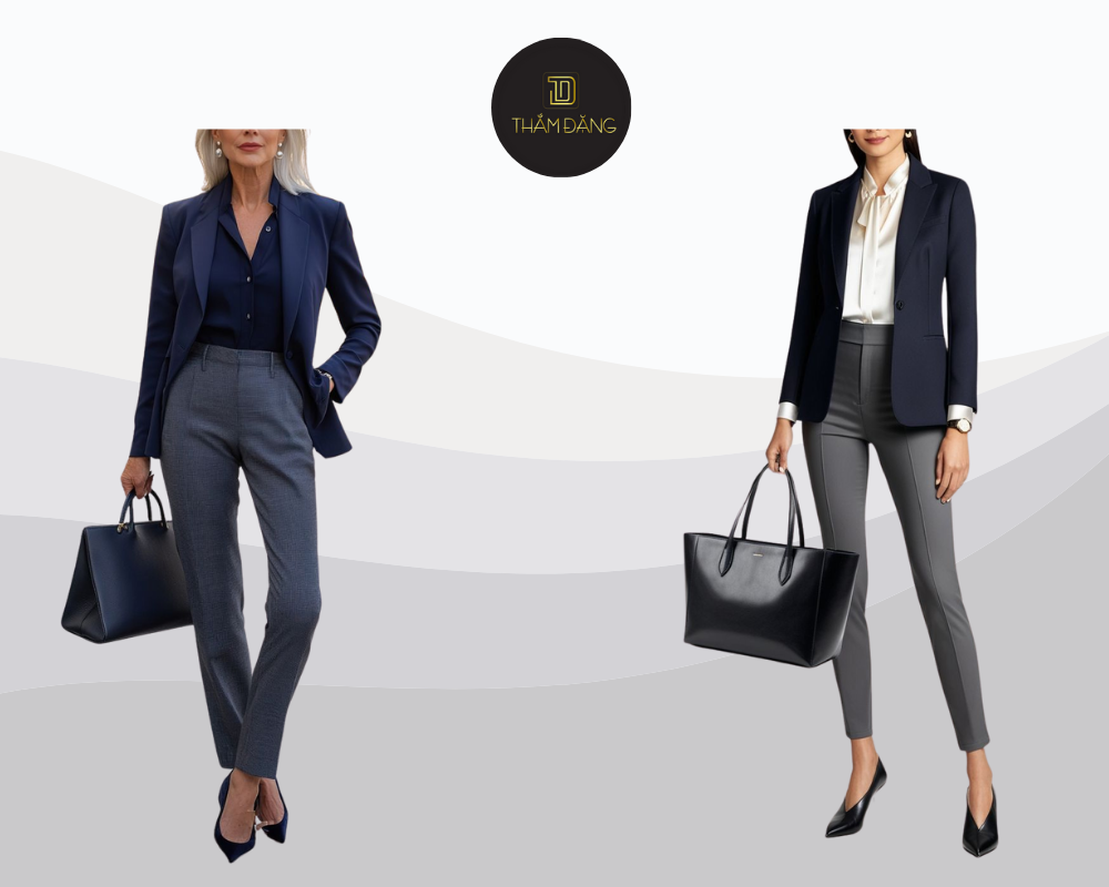 Set đồ blazer chàm và quần xám tôn vinh vẻ ngoài chuyên nghiệp, sang trọng và quyền lực cho phái đẹp công sở.