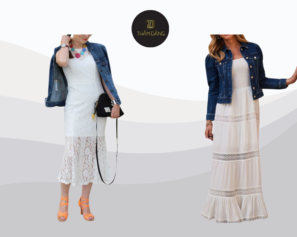 Set đồ denim chàm và đầm trắng mang đến vẻ ngoài năng động, trẻ trung nhưng vẫn đầy nữ tính.