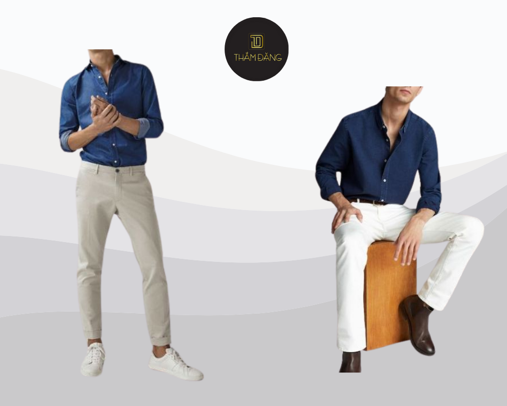 Set đồ áo sơ mi chàm và quần dài trắng mang đến vẻ ngoài thanh lịch, tinh tế và nam tính cho phái mạnh.