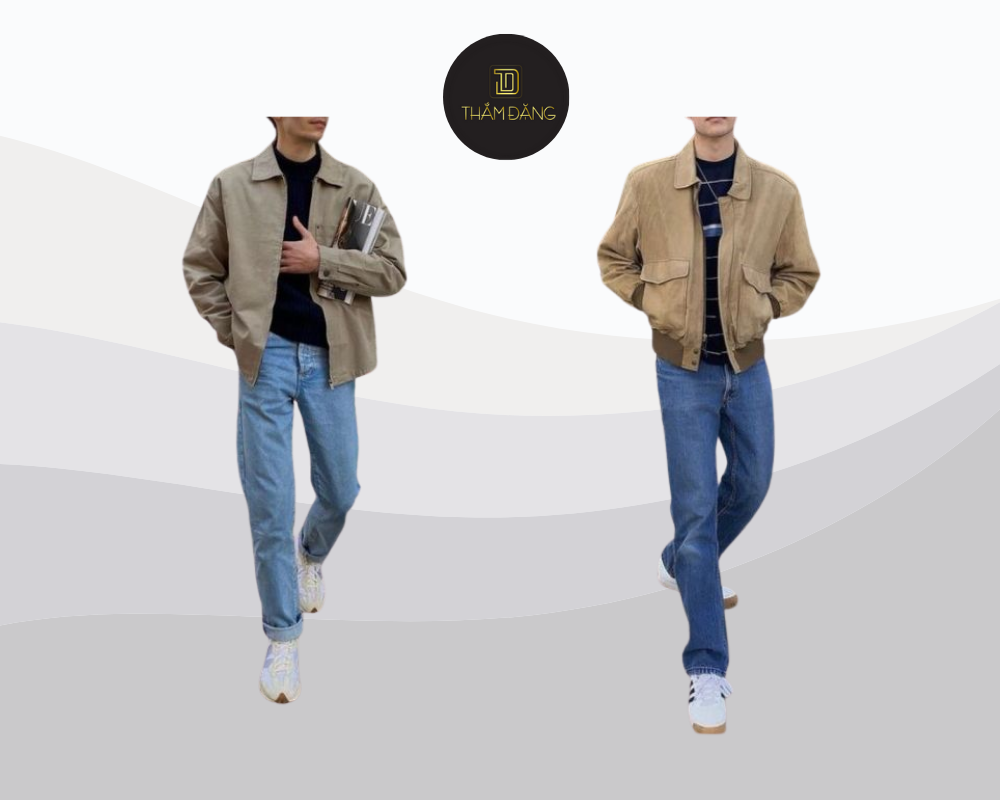 Set đồ phối áo thun chàm, quần jeans xanh và áo khoác denim nhạt tạo nên vẻ trẻ trung, năng động nhưng vẫn đầy nam tính.