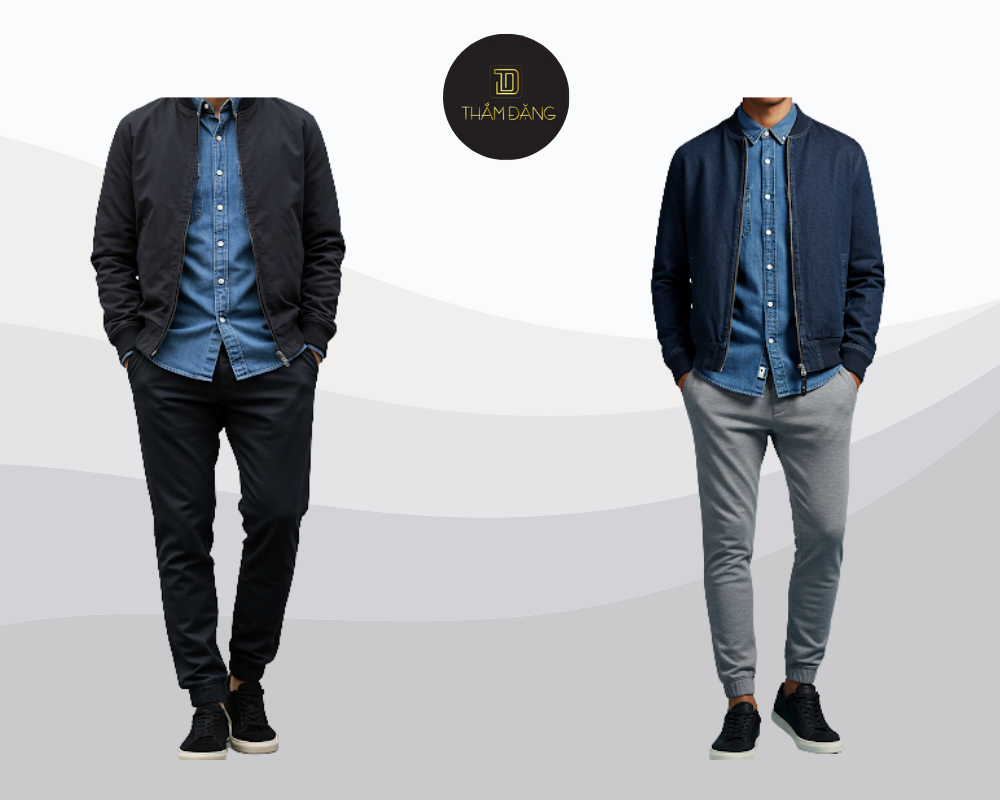 Set đồ streetwear kết hợp giữa áo sơ mi màu chàm, quần jogger và áo bomber tối màu mang đến phong cách năng động và cá tính cho các quý ông trẻ trung.