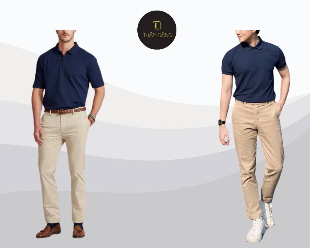 Set đồ lịch lãm với áo polo chàm và quần kaki nâu mang đến phong cách tinh tế, đầy nam tính cho phái mạnh.