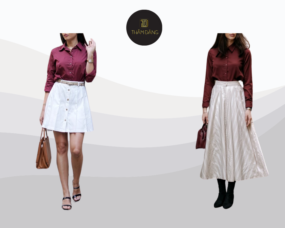 Set đồ thanh lịch với áo sơ mi đỏ đô và chân váy midi trắng, hoàn hảo cho môi trường công sở và các buổi gặp gỡ đối tác.
