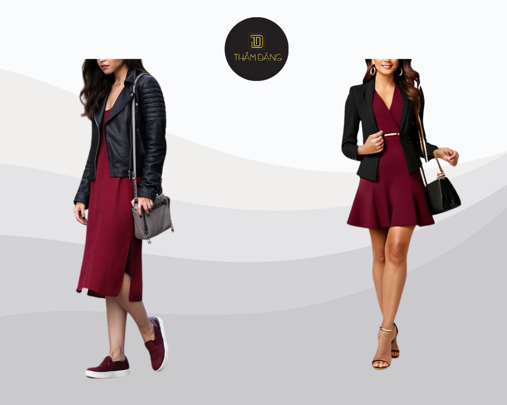 Đầm đỏ đô kết hợp blazer đen tạo nên phong cách quyền lực và thanh lịch cho phái đẹp.
