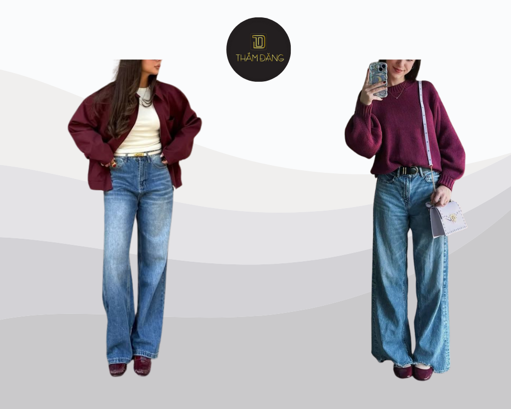 Áo len đỏ đô kết hợp cùng quần jeans xanh tạo vẻ ngoài năng động, trẻ trung nhưng vẫn đầy sang trọng, hoàn hảo cho những ngày dạo phố.