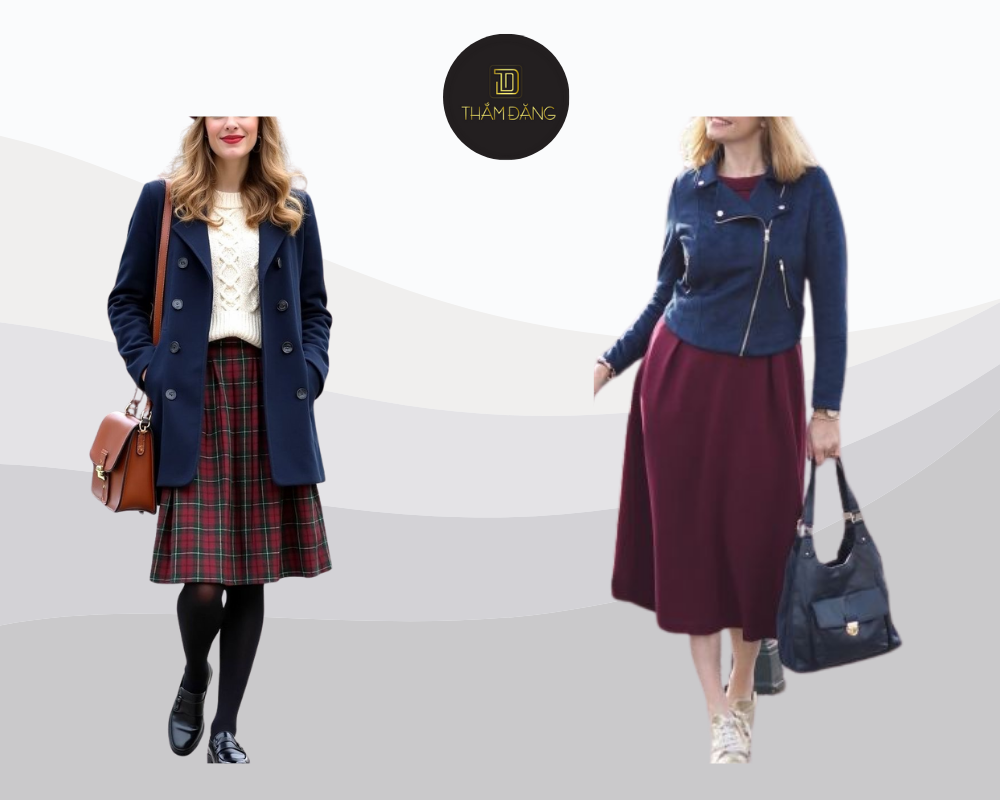 Set đồ đỏ đô và xanh navy mang đến vẻ đẹp tinh tế, sang trọng và đầy cá tính.