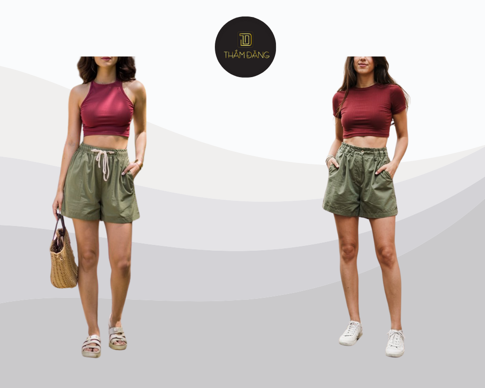 Set đồ croptop đỏ đô và quần short xanh lá là lựa chọn hoàn hảo cho phong cách trẻ trung, năng động và cá tính.