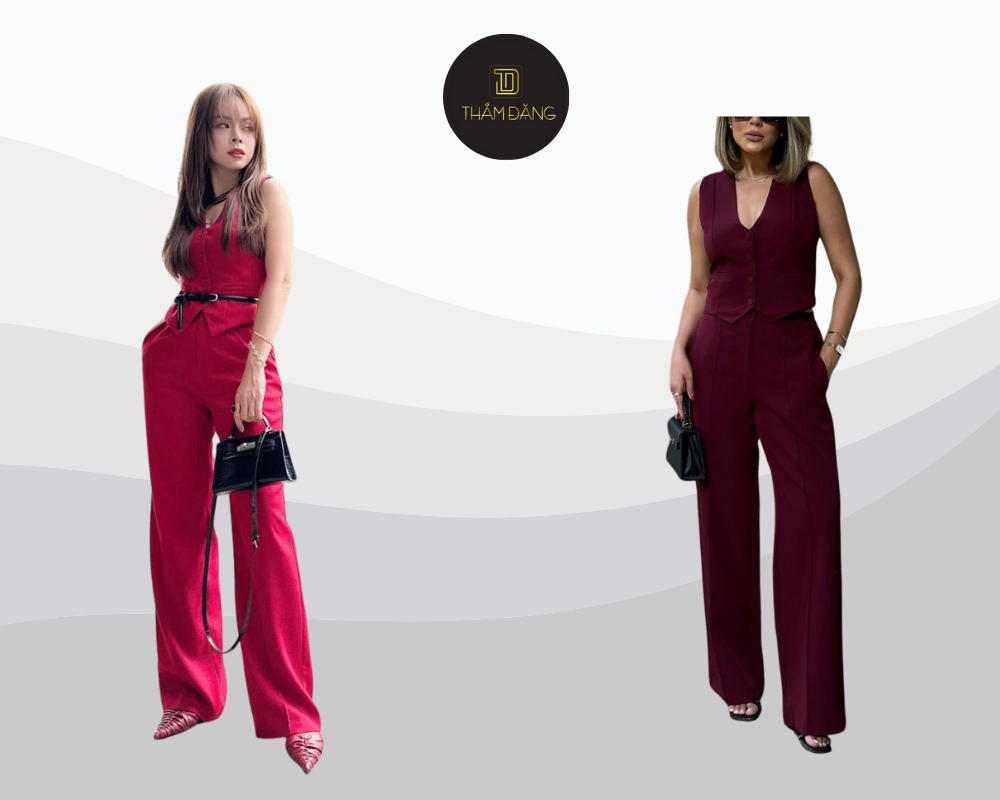 Set vest đỏ đô mạnh mẽ, quyết đoán nhưng vẫn đầy nữ tính, hoàn hảo cho phong cách công sở chuyên nghiệp và tự tin.