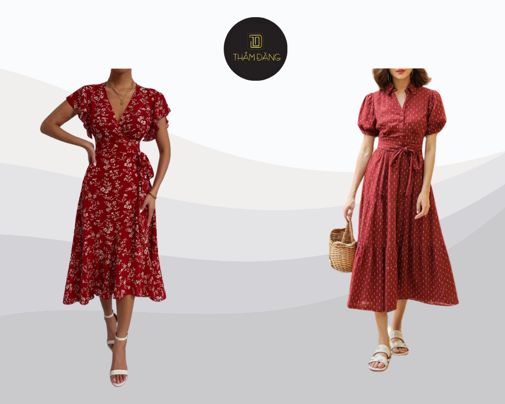 Váy đỏ đô họa tiết trắng kết hợp cùng sandal trắng tạo nên phong cách nữ tính, tươi tắn và đầy cuốn hút.