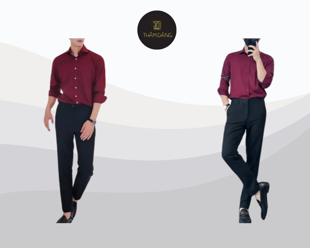 Set đồ đỏ đô và đen tạo nên vẻ ngoài mạnh mẽ, lịch lãm, phù hợp với nhiều dịp trang trọng.