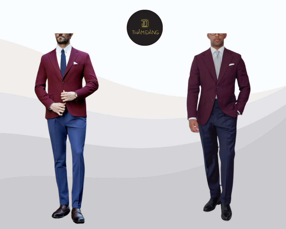Set đồ blazer đỏ đô và quần xanh navy mang đến phong cách lịch lãm, tinh tế cho phái mạnh trong các sự kiện đặc biệt.