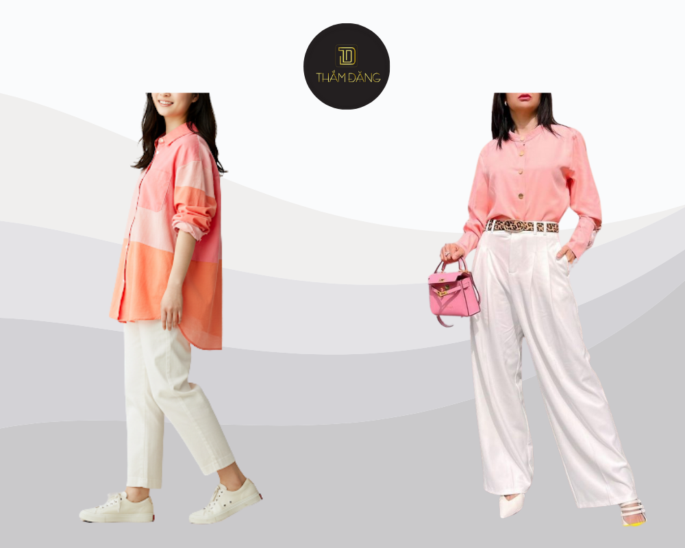 Set đồ áo sơ mi hồng cam và quần trắng mang đến vẻ ngoài thanh lịch, tươi trẻ và dễ dàng tạo ấn tượng trong mọi hoàn cảnh.