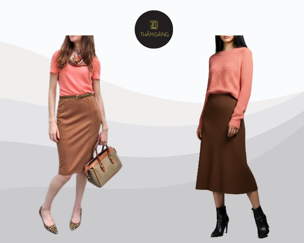 Set đồ ấm áp với áo len hồng cam và chân váy nâu mang đến vẻ ngoài thân thiện, tinh tế cho những ngày thu đông.