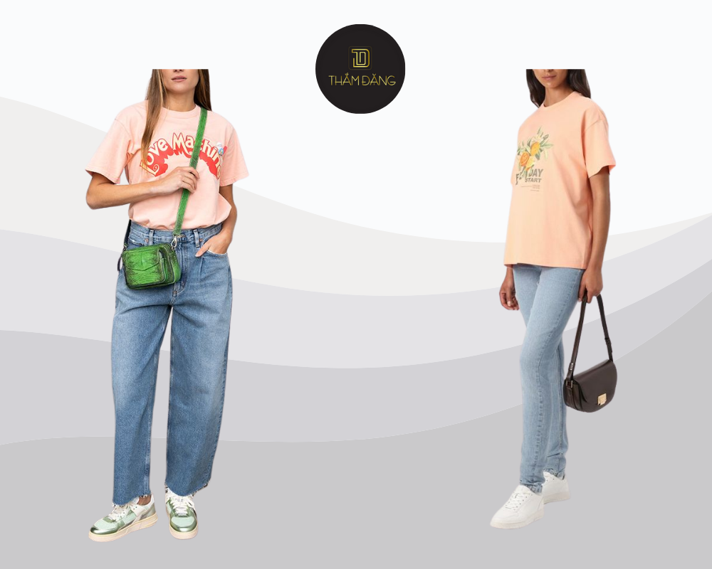 Áo phông hồng cam kết hợp quần jeans xanh dương mang đến phong cách năng động, tươi sáng cho những ngày cuối tuần.