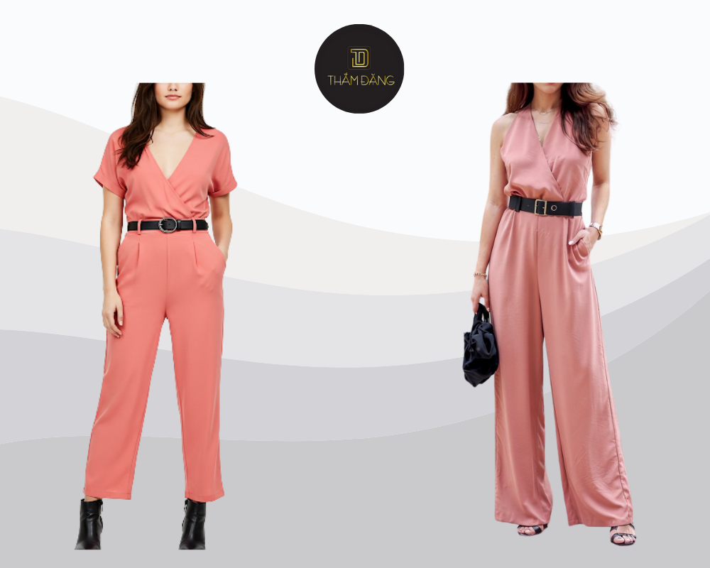Jumpsuit hồng cam kết hợp thắt lưng đen tạo nên vẻ ngoài hiện đại, nổi bật và quyến rũ cho phái đẹp.
