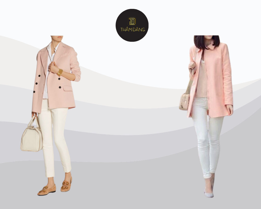 Set đồ công sở sang trọng với áo blazer hồng cam và quần tây trắng, mang đến vẻ đẹp thanh lịch và sự tự tin.
