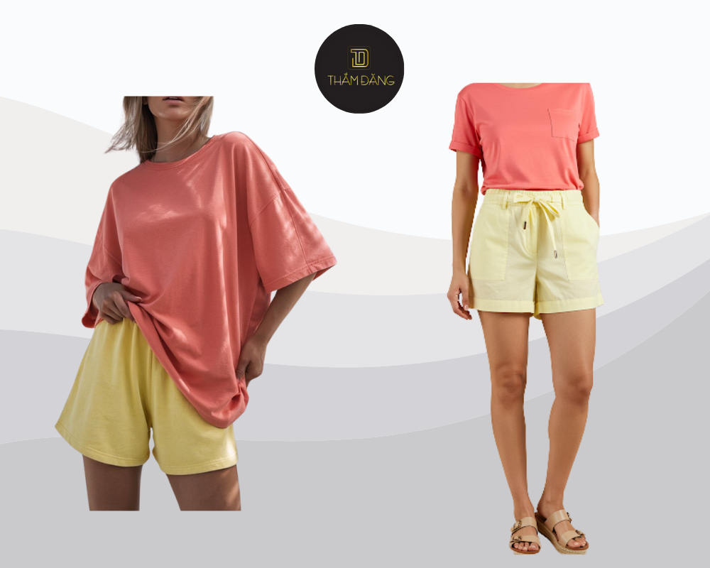Set đồ áo thun hồng cam và quần short vàng nhạt là sự kết hợp hoàn hảo cho một ngày hè tươi trẻ và năng động.