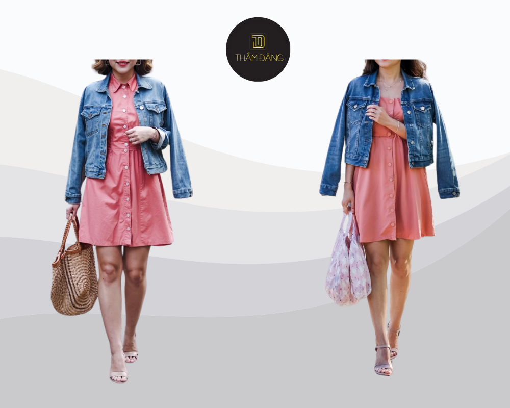 Set đồ váy hồng cam kết hợp áo khoác denim xanh mang đến vẻ ngoài năng động, cá tính nhưng vẫn duyên dáng và tươi trẻ.