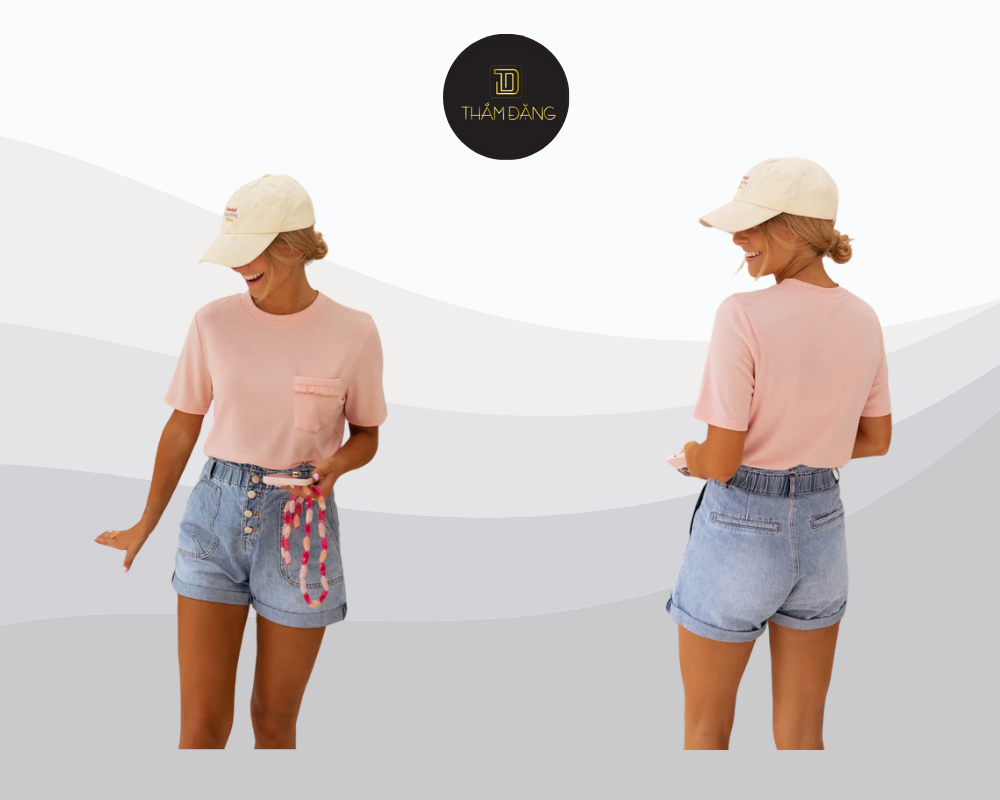 Set đồ áo hồng cam và quần short denim là lựa chọn hoàn hảo cho mùa hè năng động và tươi mới.