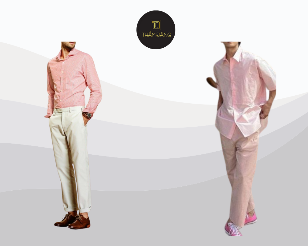 Áo sơ mi hồng cam kết hợp quần chinos màu be mang đến vẻ ngoài thanh lịch, hiện đại và tinh tế cho phái mạnh tự tin.