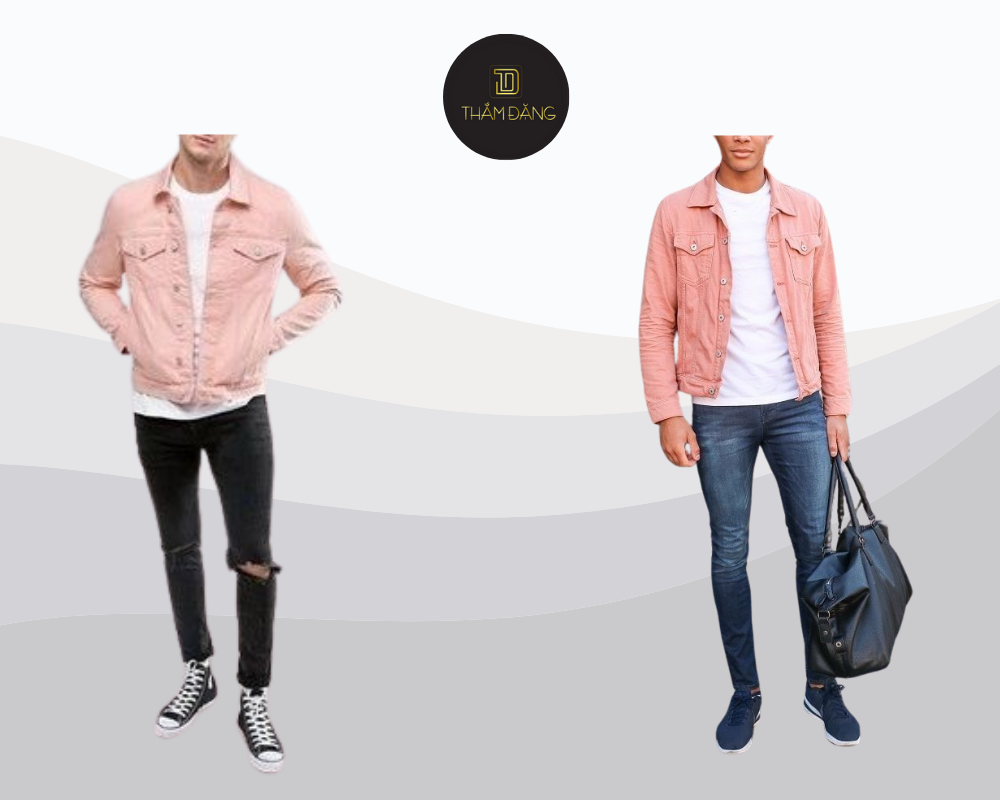 Set đồ streetwear mạnh mẽ với áo khoác bomber hồng cam, áo thun trắng và quần jean đen, tôn lên phong cách cá tính và năng động.