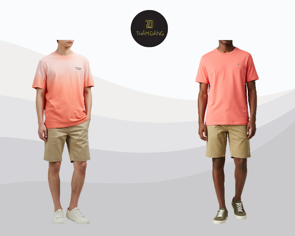 Áo thun hồng cam kết hợp quần short kaki mang đến sự thoải mái và phong cách năng động cho mùa hè.
