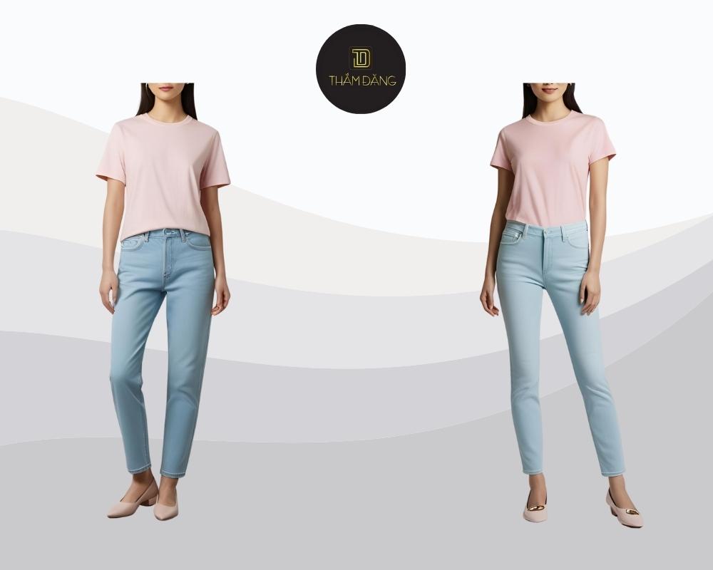 Set đồ áo phông hồng pastel và quần jeans xanh nhạt mang lại vẻ trẻ trung, năng động