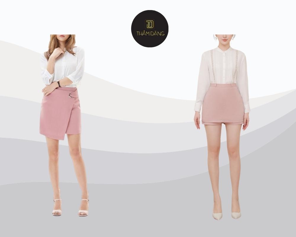 Chân váy hồng pastel kết hợp áo sơ mi trắng tạo nên set đồ công sở thanh lịch, tinh tế