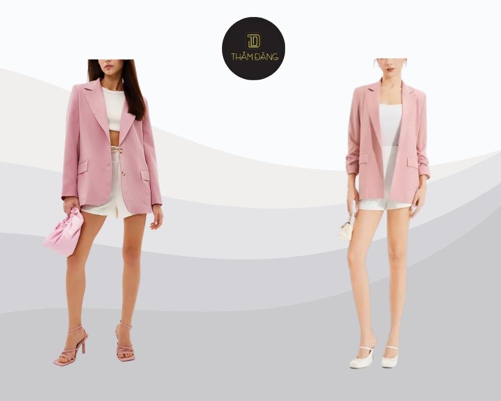 Set đồ blazer hồng pastel và quần short trắng mang lại vẻ trẻ trung, nữ tính và hiện đại