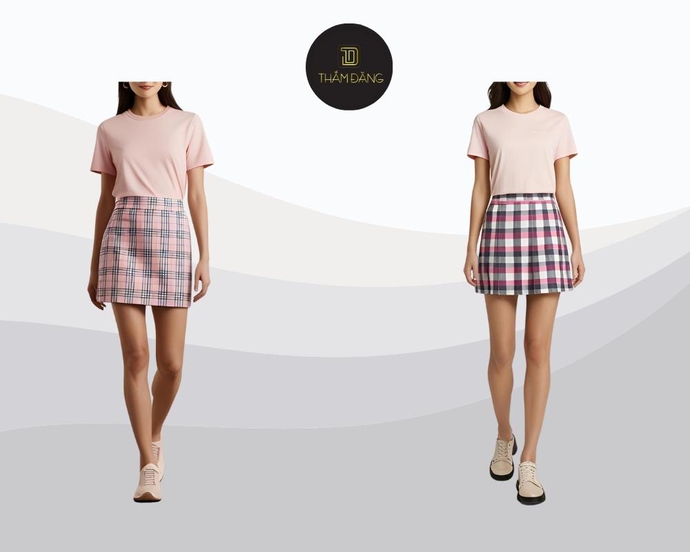 Set đồ áo thun hồng pastel kết hợp chân váy kẻ sọc mang lại vẻ trẻ trung, dễ thương và thoải mái