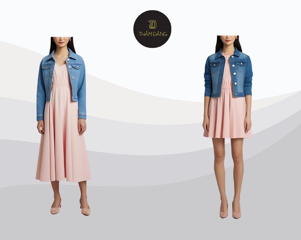 Váy hồng pastel kết hợp áo khoác denim mang đến vẻ ngoài ngọt ngào, cá tính và năng động
