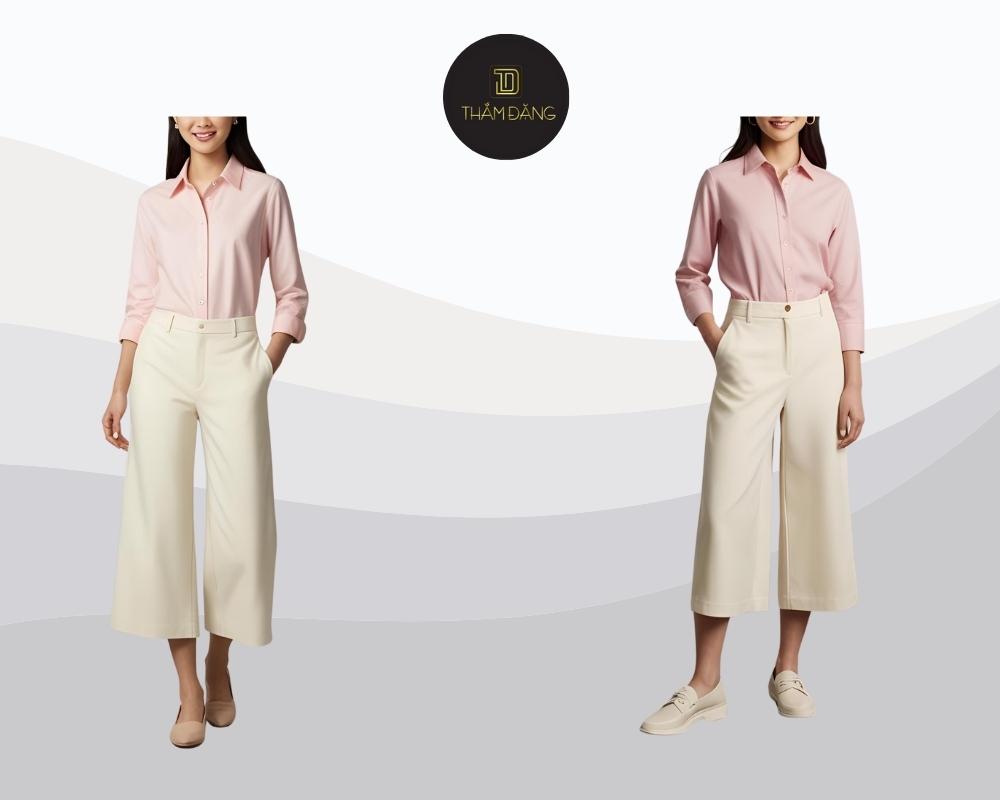 Set đồ gồm áo sơ mi hồng pastel và quần culottes kem mang lại vẻ ngoài thanh lịch, nữ tính