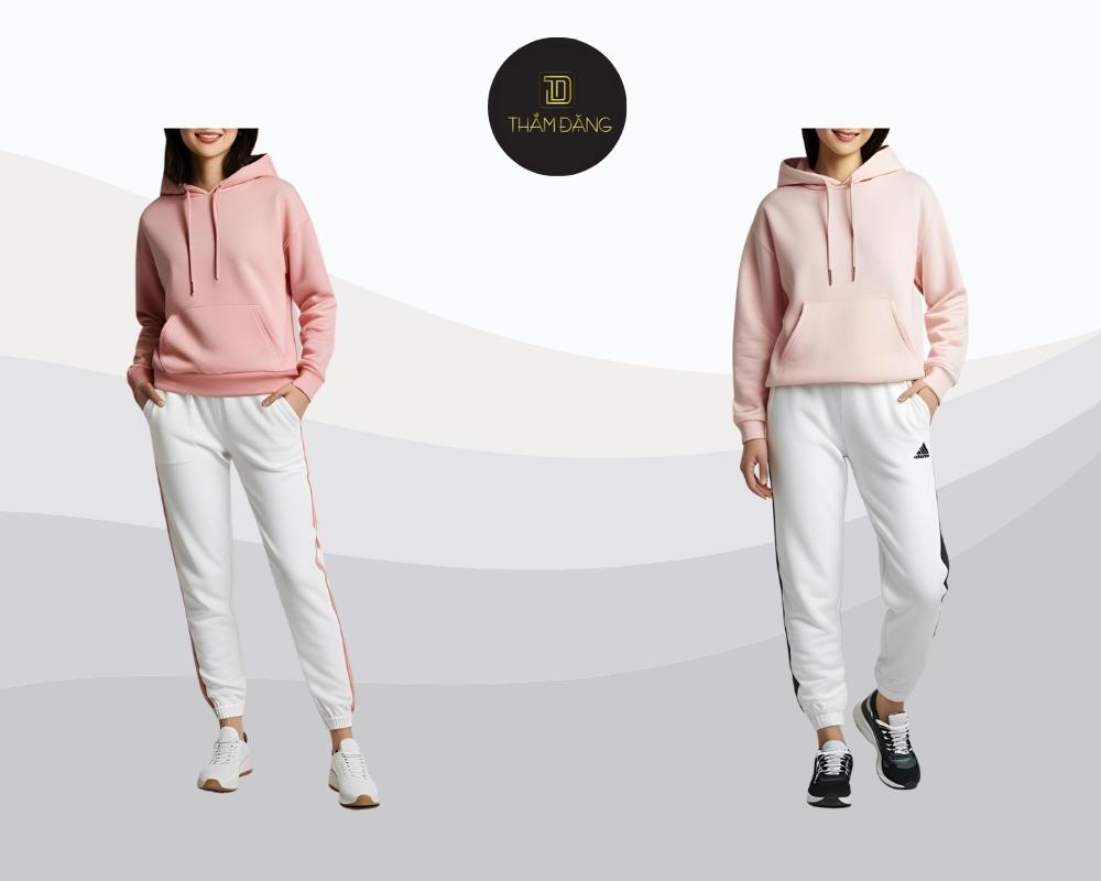 Set đồ hoodie hồng pastel và jogger trắng mang đến vẻ ngoài trẻ trung, năng động