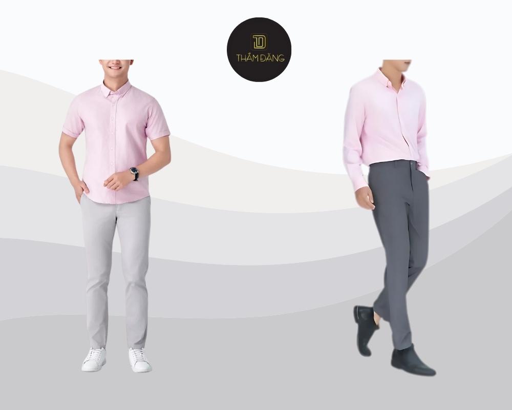 Áo sơ mi hồng pastel kết hợp quần tây xám hoặc xanh navy tạo nên set đồ thanh lịch, hiện đại và trẻ trung