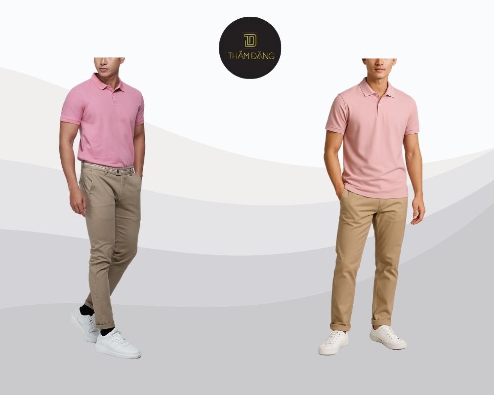 Set đồ áo polo hồng pastel phối quần chinos màu be mang lại phong cách thanh lịch, trẻ trung
