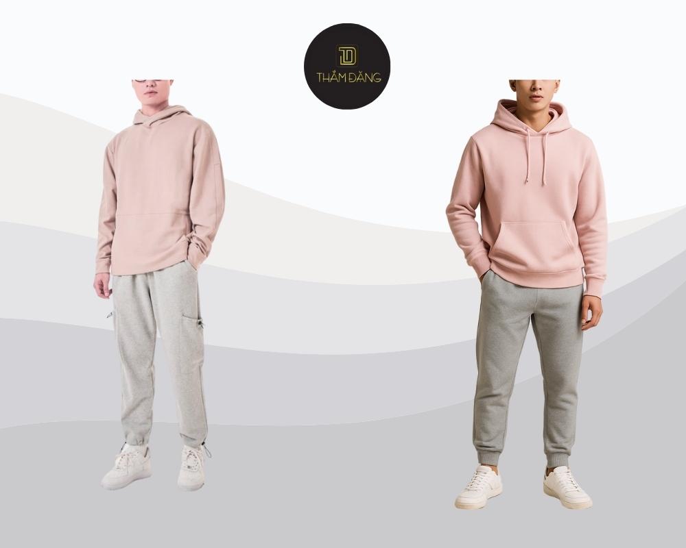 Set đồ áo hoodie hồng pastel phối quần jogger xám mang đến phong cách thể thao năng động, thoải mái