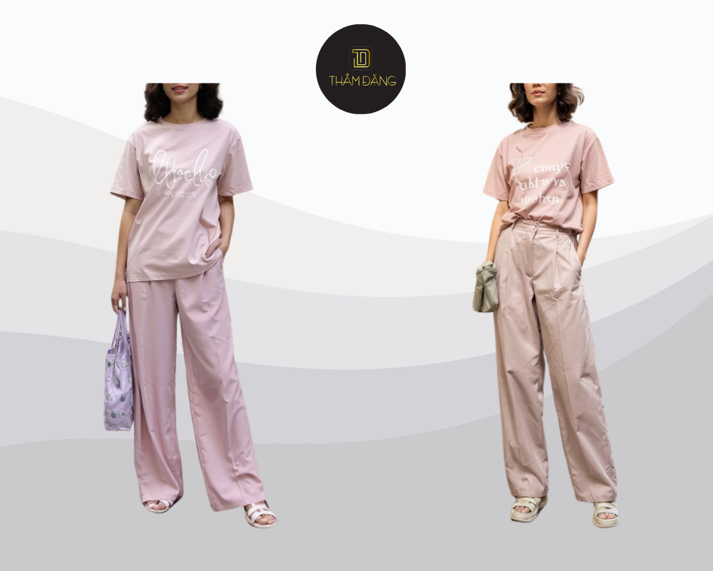 Set đồ thanh lịch và trẻ trung với áo thun hồng vỏ đỗ kết hợp quần âu sáng màu, hoàn hảo cho công sở hoặc dạo phố.